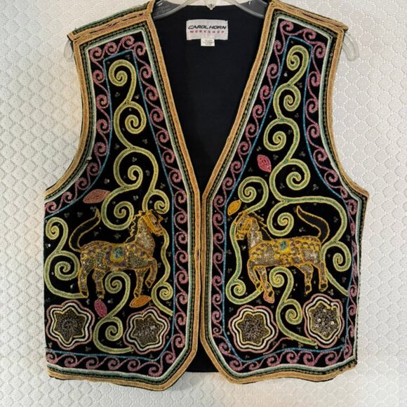 Vtg Carol Horn Workshop Embroidered, Beaded, & Sequin Vest on Black Velvet NWOT - Picture 2 of 11